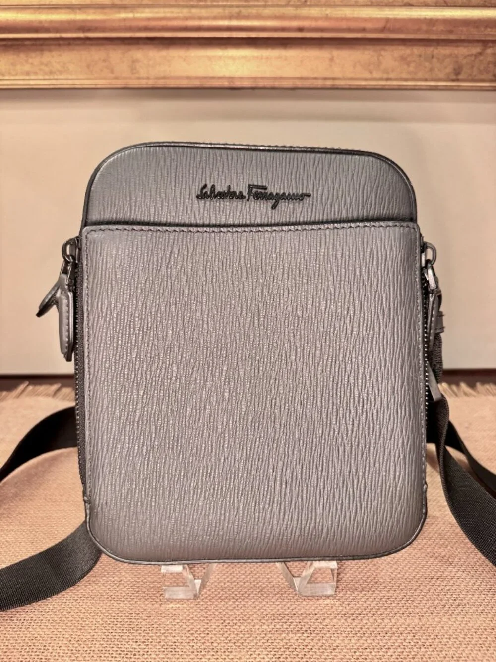 Salvatore Ferragamo Revival Leather Crossbody Bag — Grey Textured
